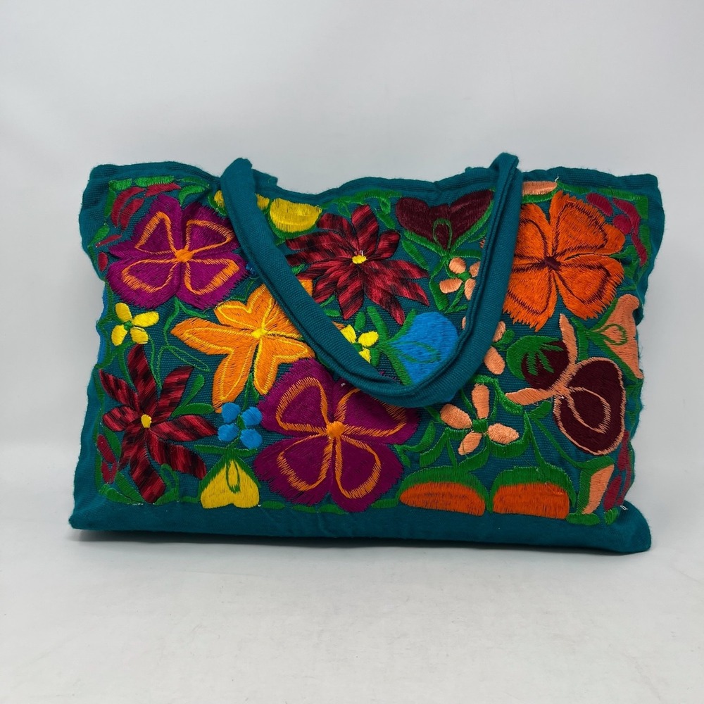 Floral Embroidered Shoulder Bag Tote Bag Colorful Art to Wear Boho Artisanal